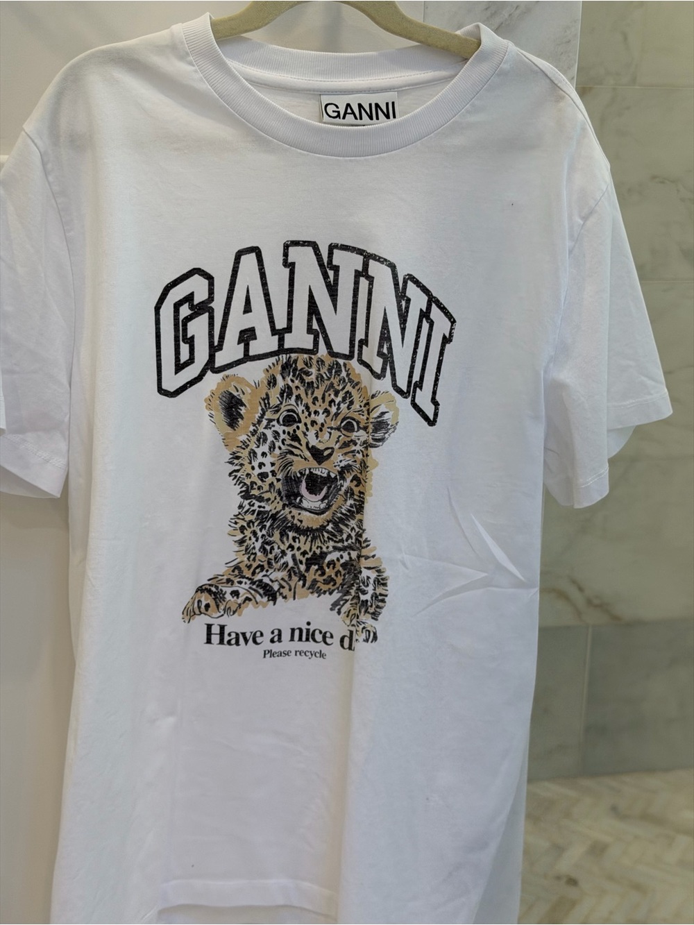 Ganni White Leopard Graphic Relaxed Tee with Arch Logo - Picture 2 of 2
